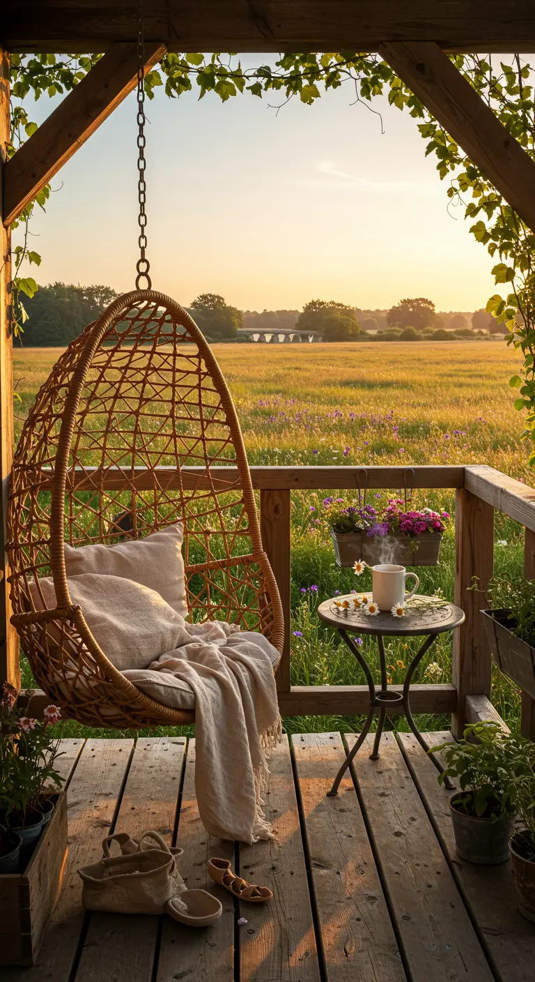 Rotan hangstoel op houten balkon met uitzicht op velden bij zonsopgang.