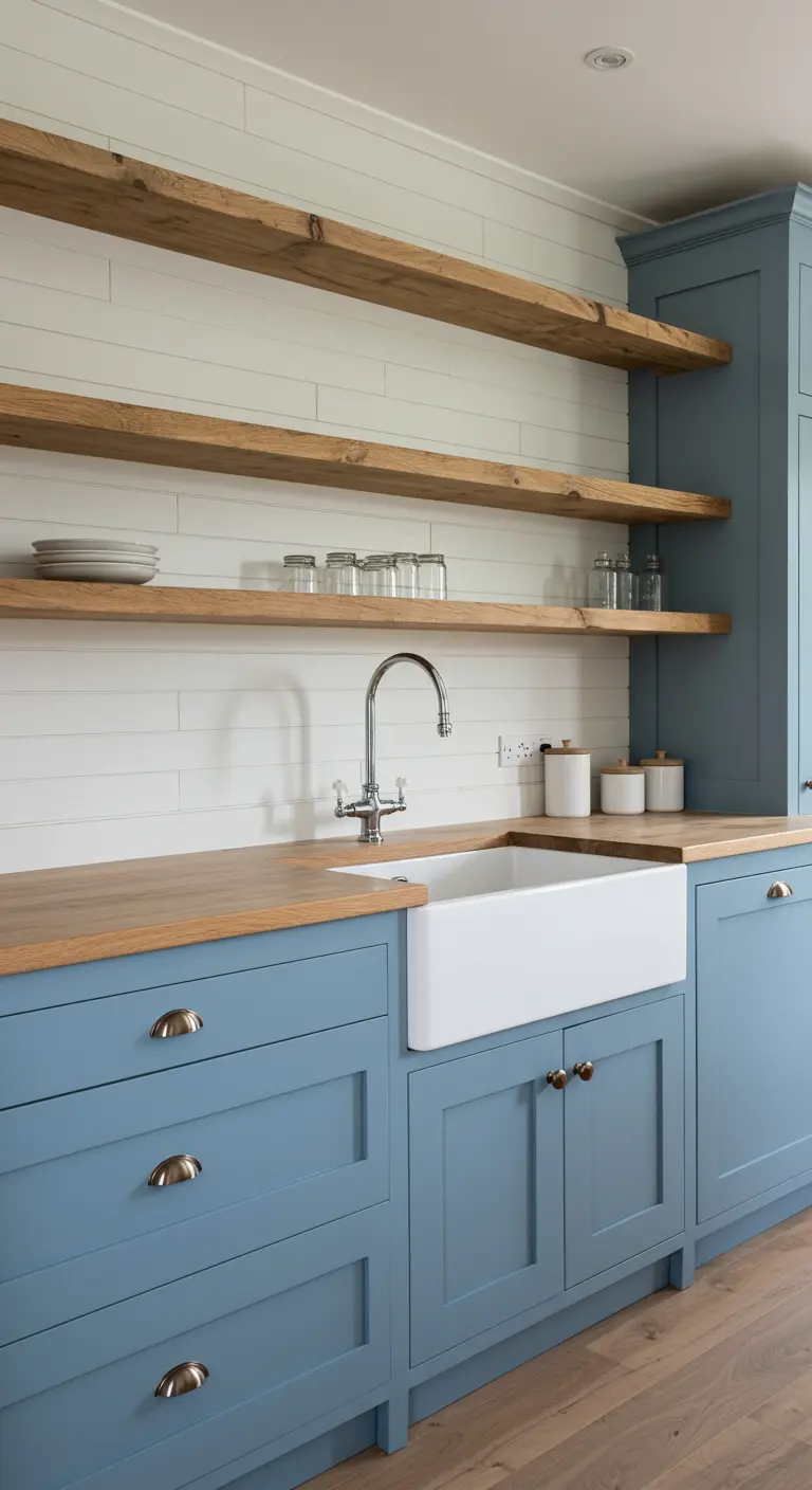 Landelijke keuken met vergrijsd blauwe kasten, dikke rustieke houten planken en een witte spoelbak.