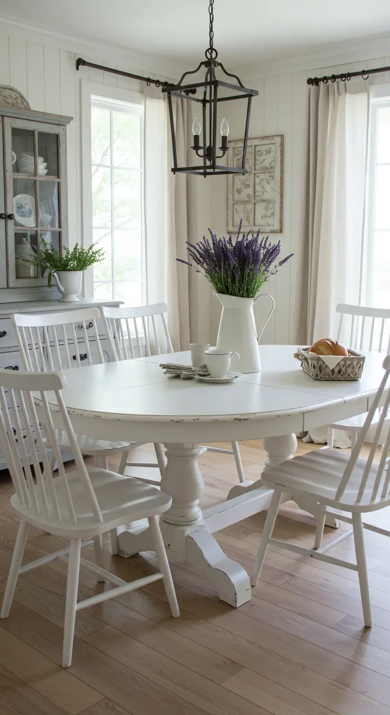 Landelijke eetkamer met witte ronde tafel, witte spijlenstoelen en ijzeren lantaarnlamp.