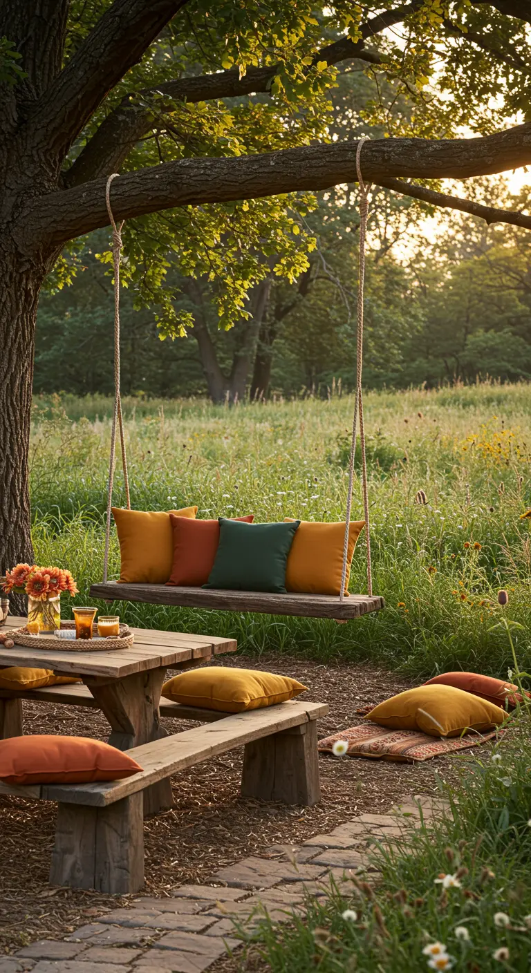 Houten schommelbank in open veld bij zonsondergang, met picknicktafel en warme kussens.