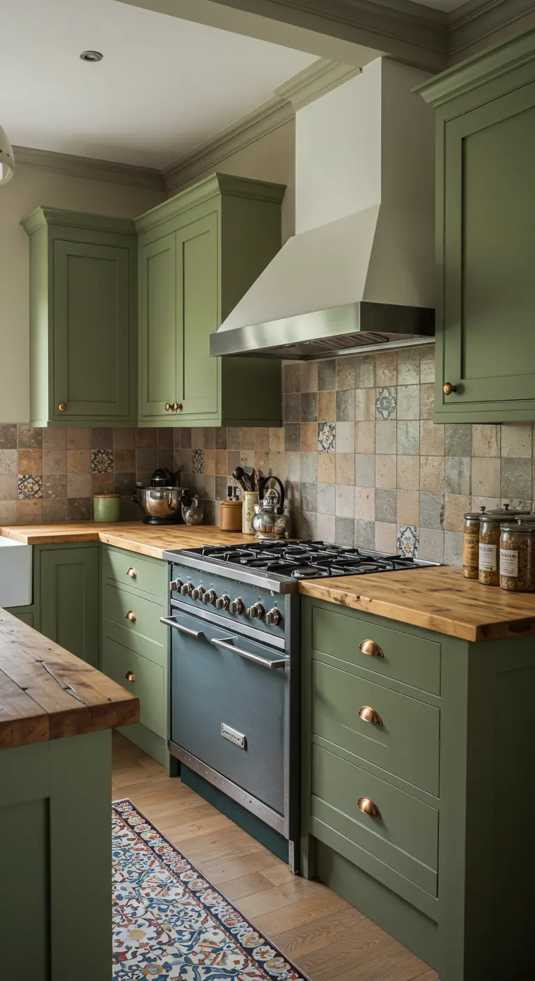 Saliegroene keuken met houten werkblad en een achterwand van kleurrijke, landelijke patroontegels.