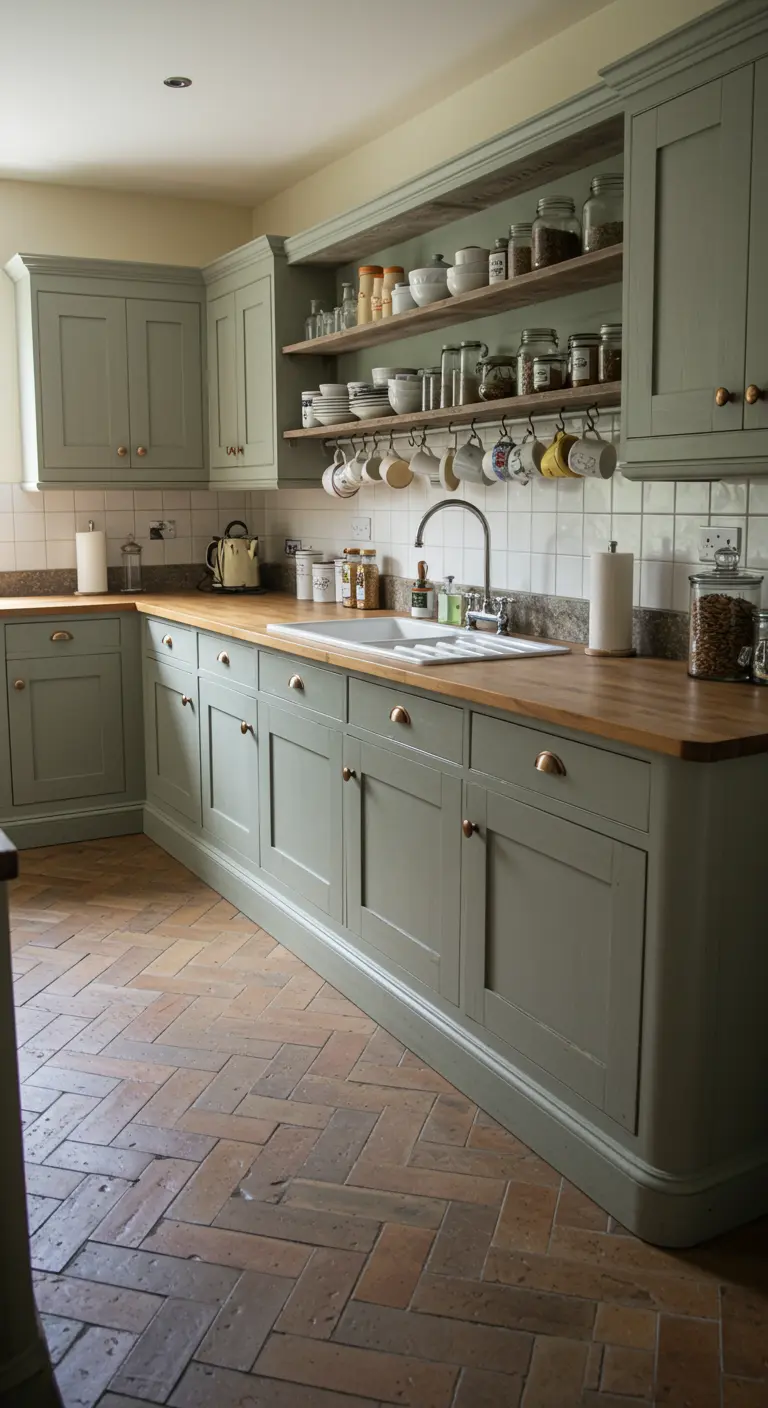 Landelijke keuken met saliegroene kasten, terracotta visgraatvloer en houten aanrechtblad.