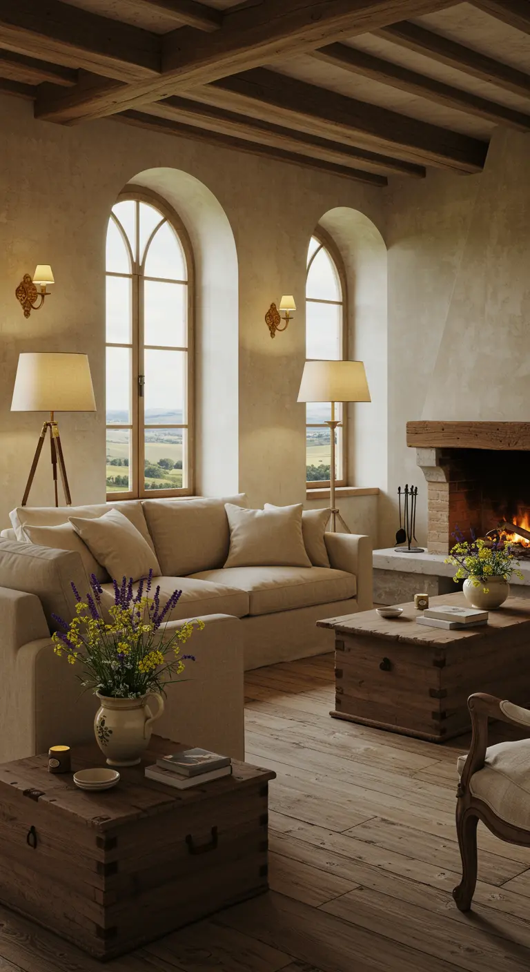 Rustieke woonkamer met open haard, houten balken, boogramen en kisten als tafels.
