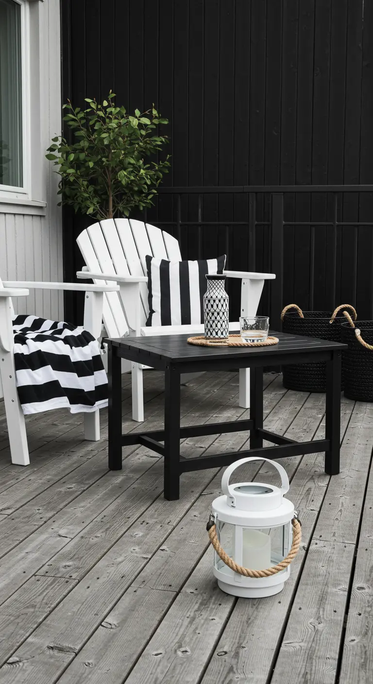 Houten terras met witte tuinstoelen, een zwarte tafel en zwart-wit gestreepte kussens.