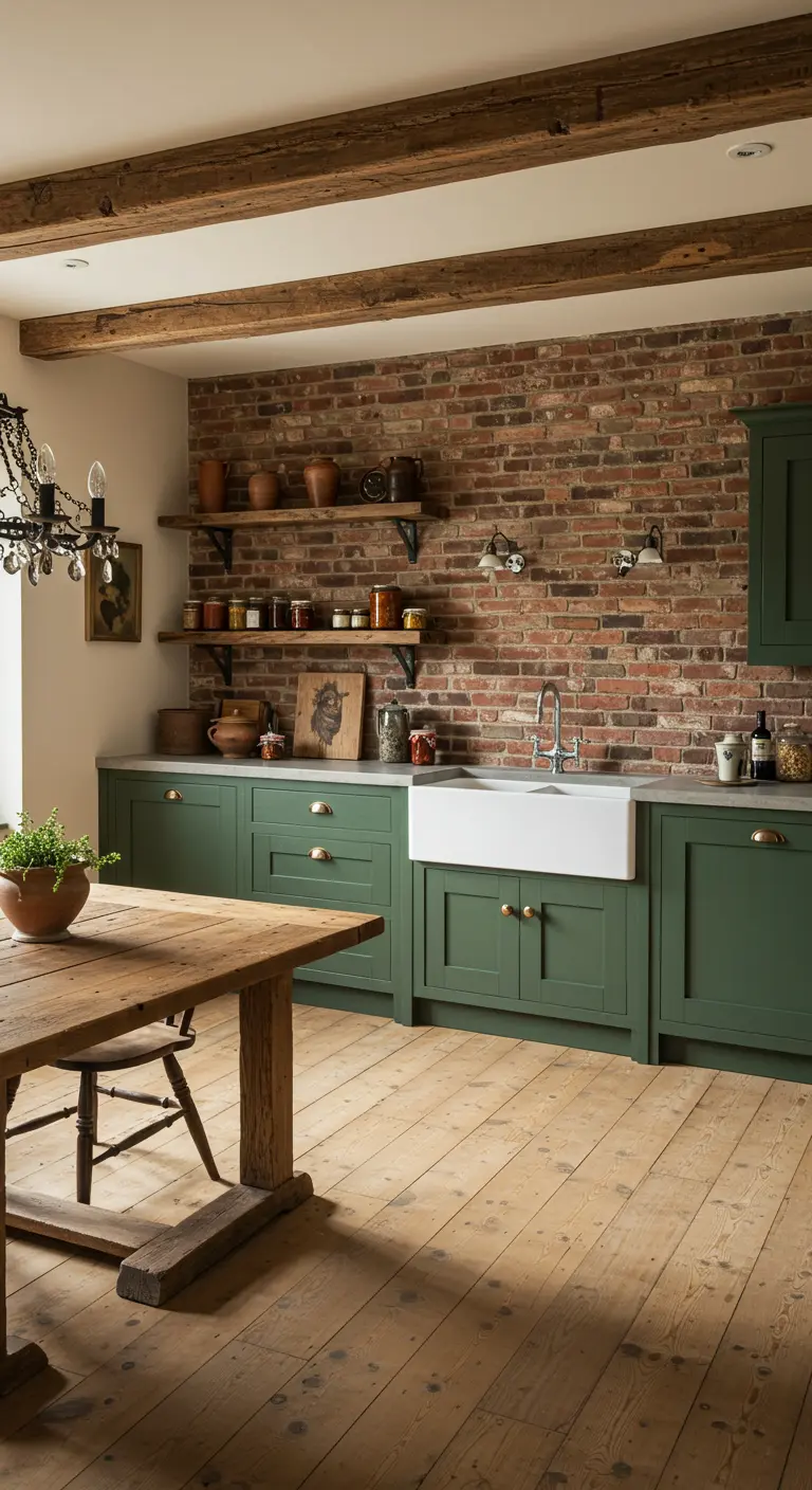 Landelijke keuken met groene kasten, een bakstenen muur en een lichtgrijs stenen aanrecht.