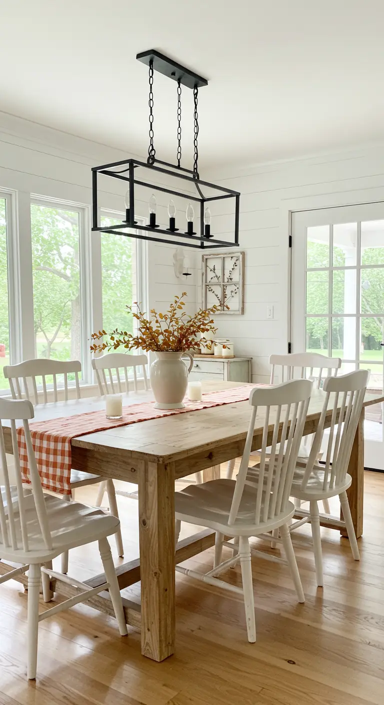 Landelijke eetkamer met witte muren, houten tafel en een terracotta geruite tafelloper.