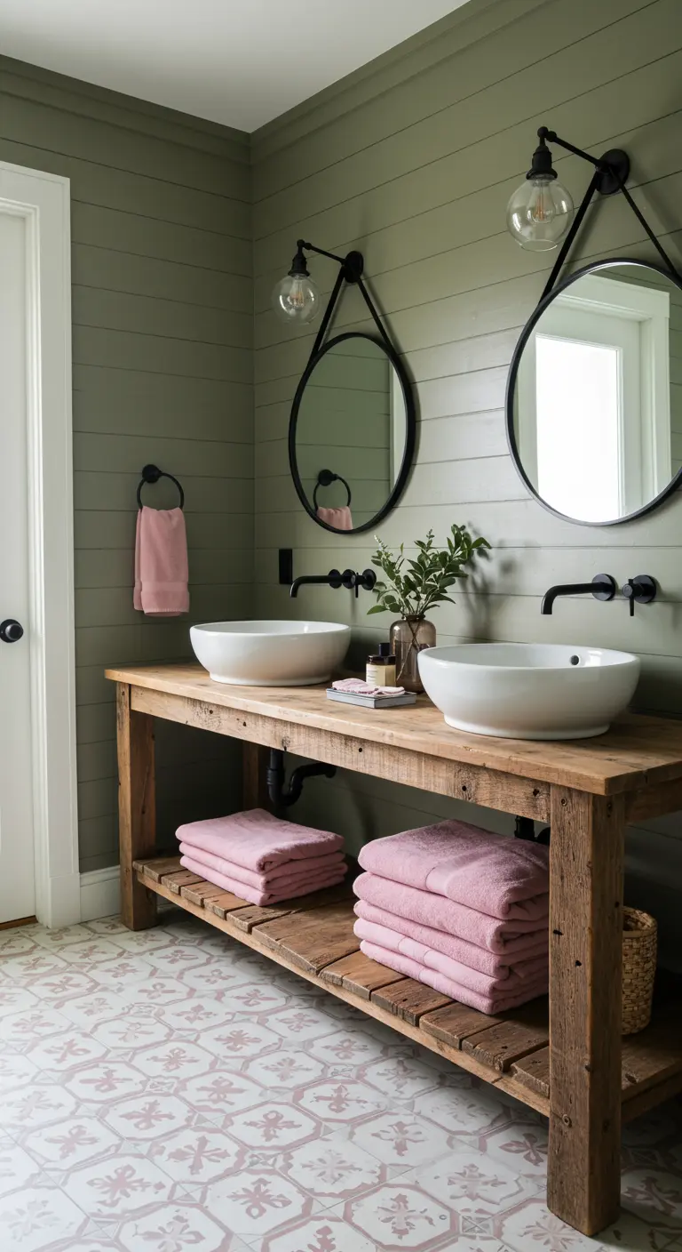 Landelijke badkamer met saliegroene muren, een rustiek houten meubel en roze handdoeken.
