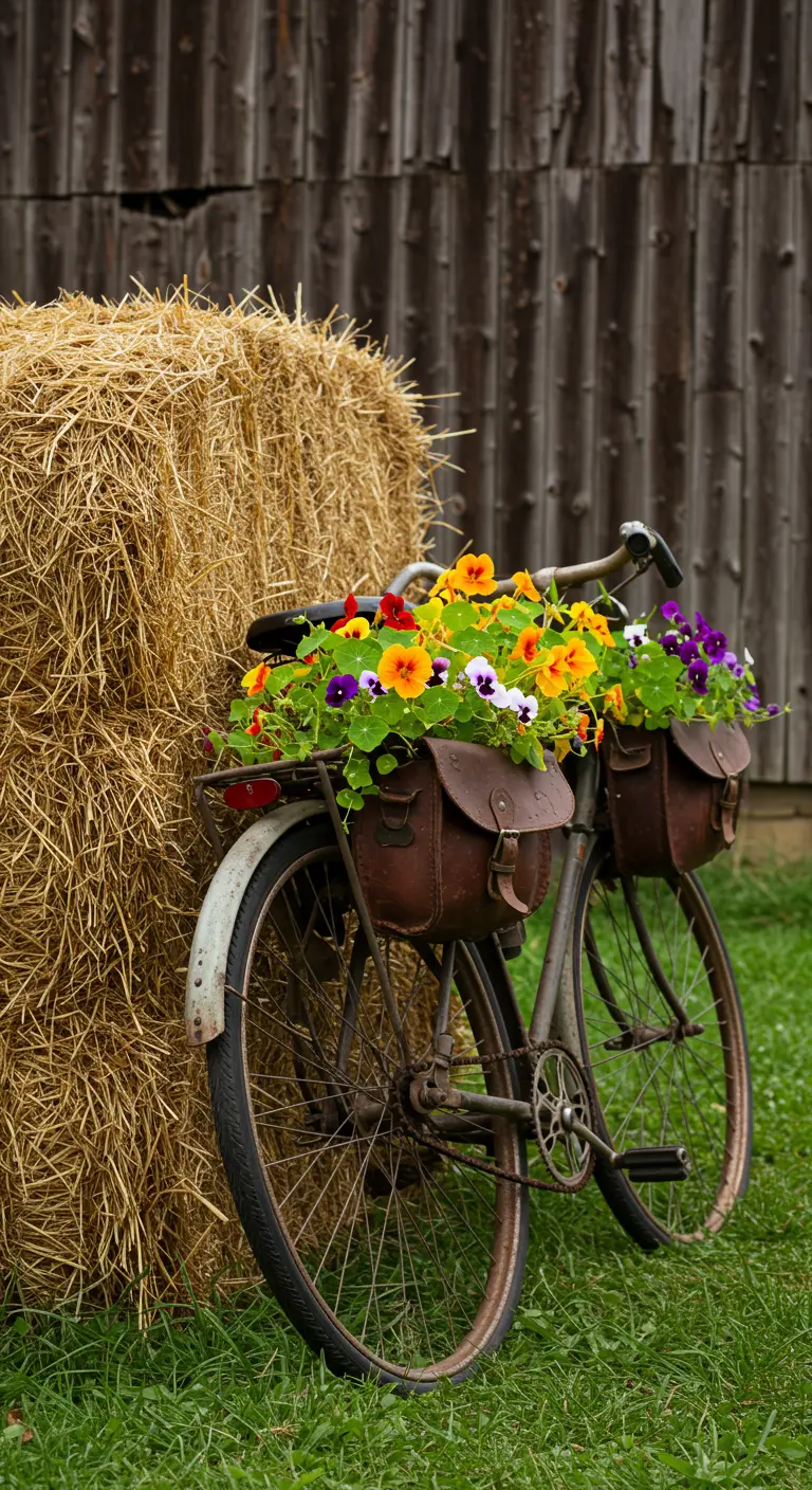 Oude fiets met leren fietstassen vol kleurrijke viooltjes, leunend tegen een hooibaal.