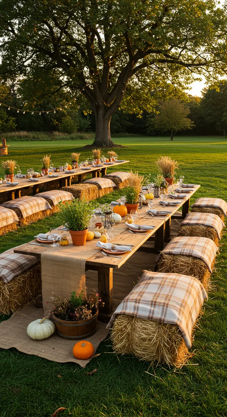 Lange houten tafels met hooibalen als zitplaatsen op jute lopers in een grasveld.