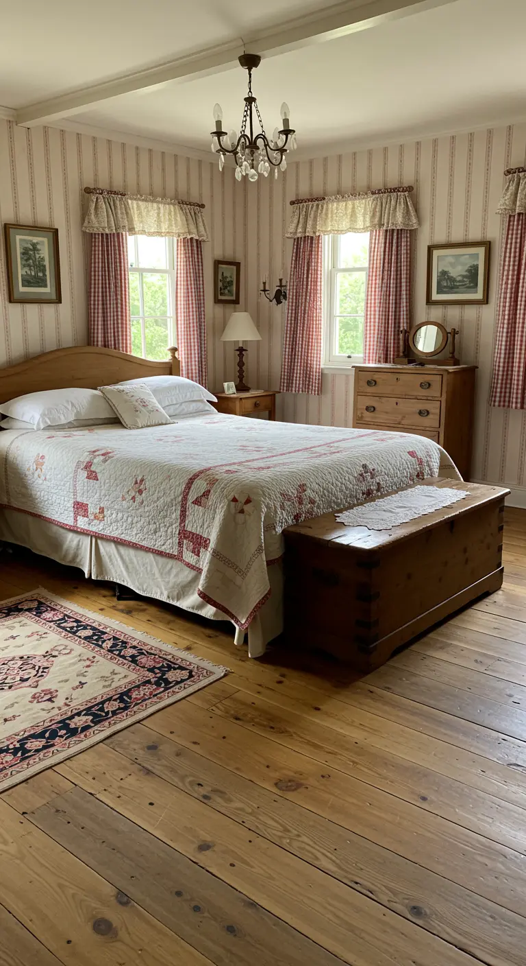 Klassieke slaapkamer met rood-wit geruit behang, houten meubels en patchwork sprei.