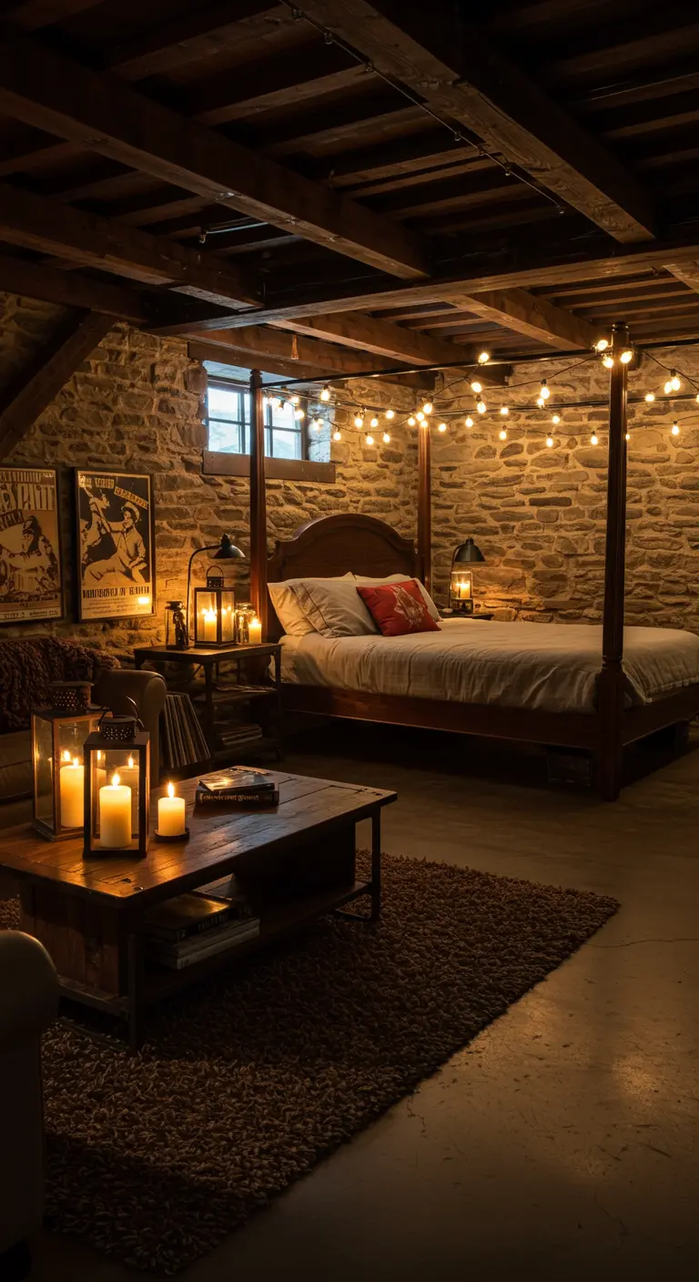 Rustieke slaapkamer met stenen muren, lichtslingers en een houten hemelbed.