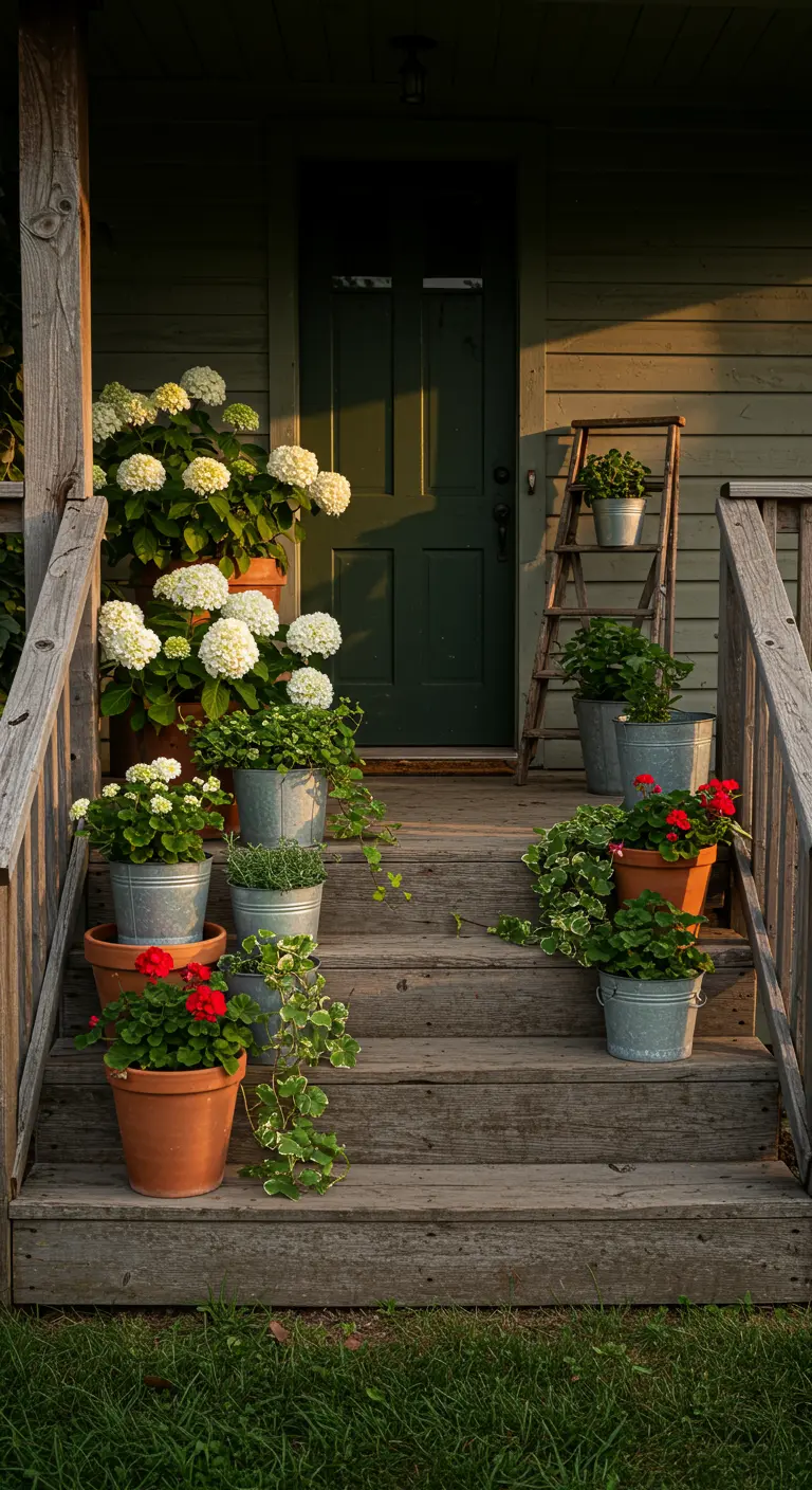 Houten trap bij een voordeur met potten vol witte hortensia's en rode geraniums.