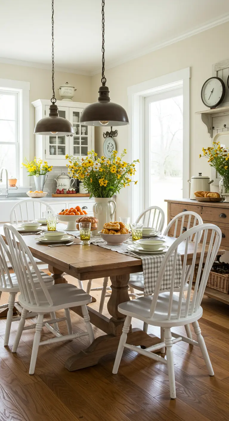 Landelijke keuken met witte stoelen, houten tafel en gele bloemen.