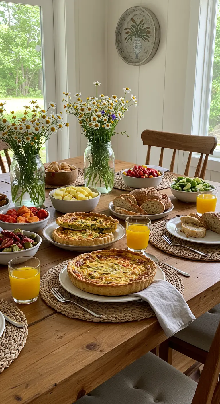 Houten eettafel met quiches, sap en potten met wilde bloemen.