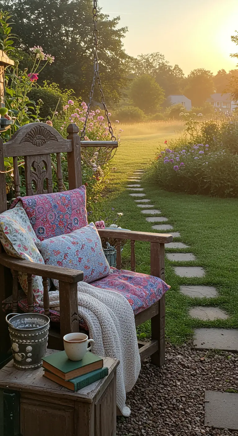 Houten schommelstoel met bloemenkussens op grindpad in landelijke tuin met mistig veld bij zonsopgang.