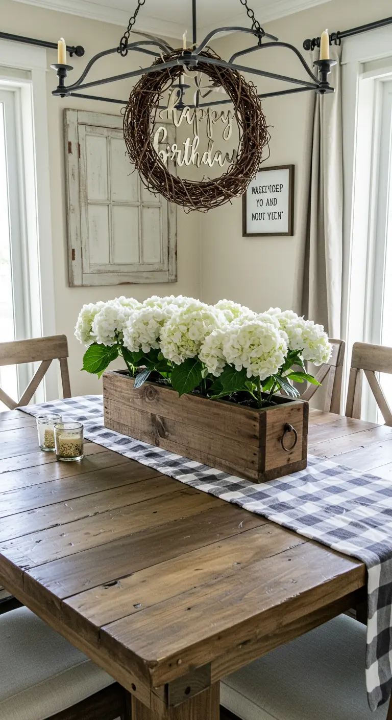 Landelijke eethoek met een takkenkrans en hortensia's in een houten kist.