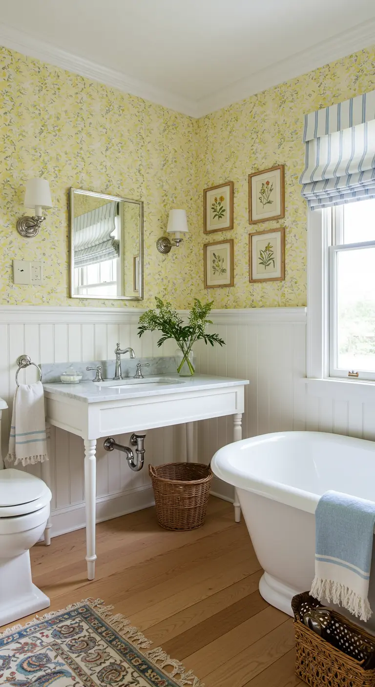 Landelijke badkamer met geel bloemenbehang, witte houten lambrisering en een klassiek bad.