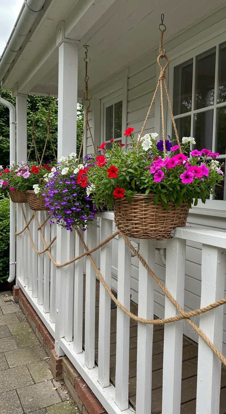 Witte veranda met hangende bloemenmanden en gedrapeerd touw langs de reling.