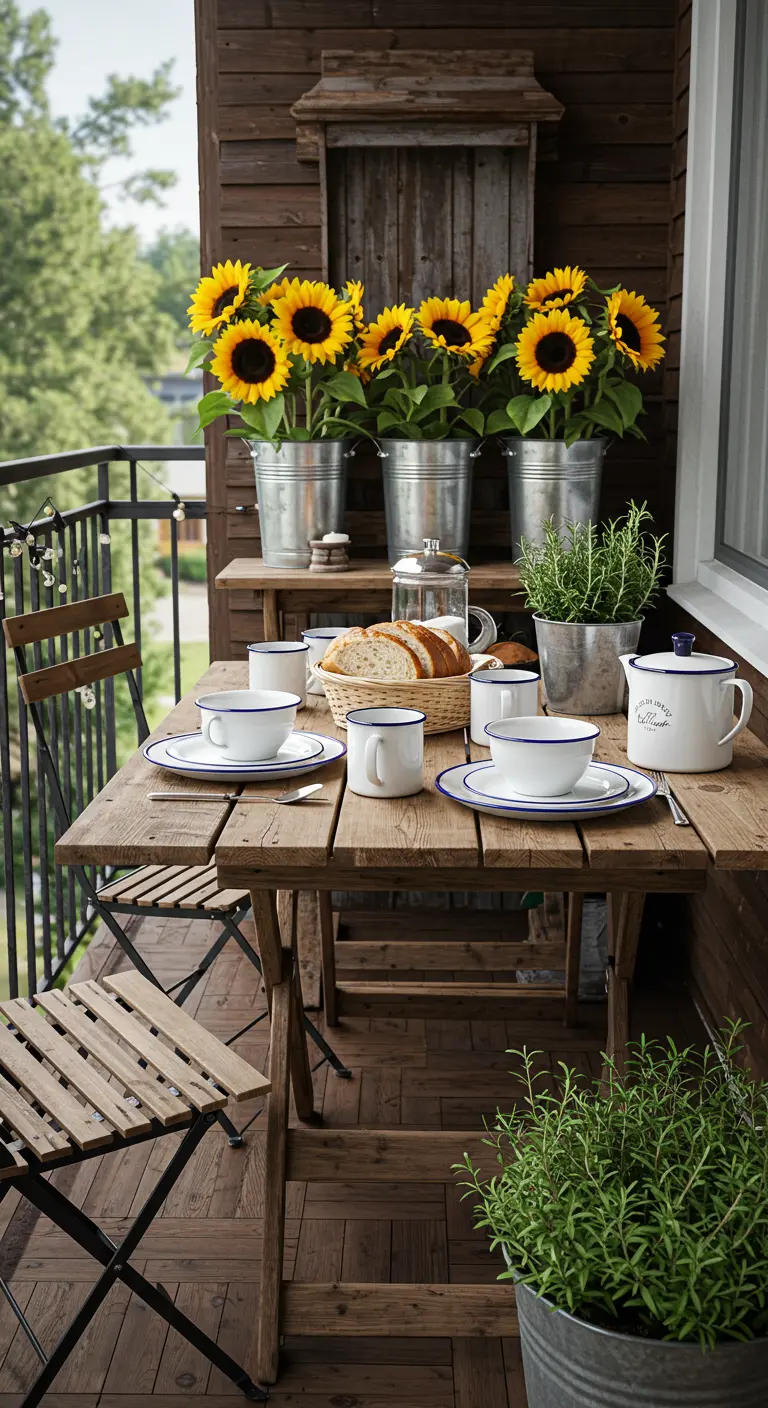 Houten bistroset op een balkon met zonnebloemen in zinken emmers en emaille servies.