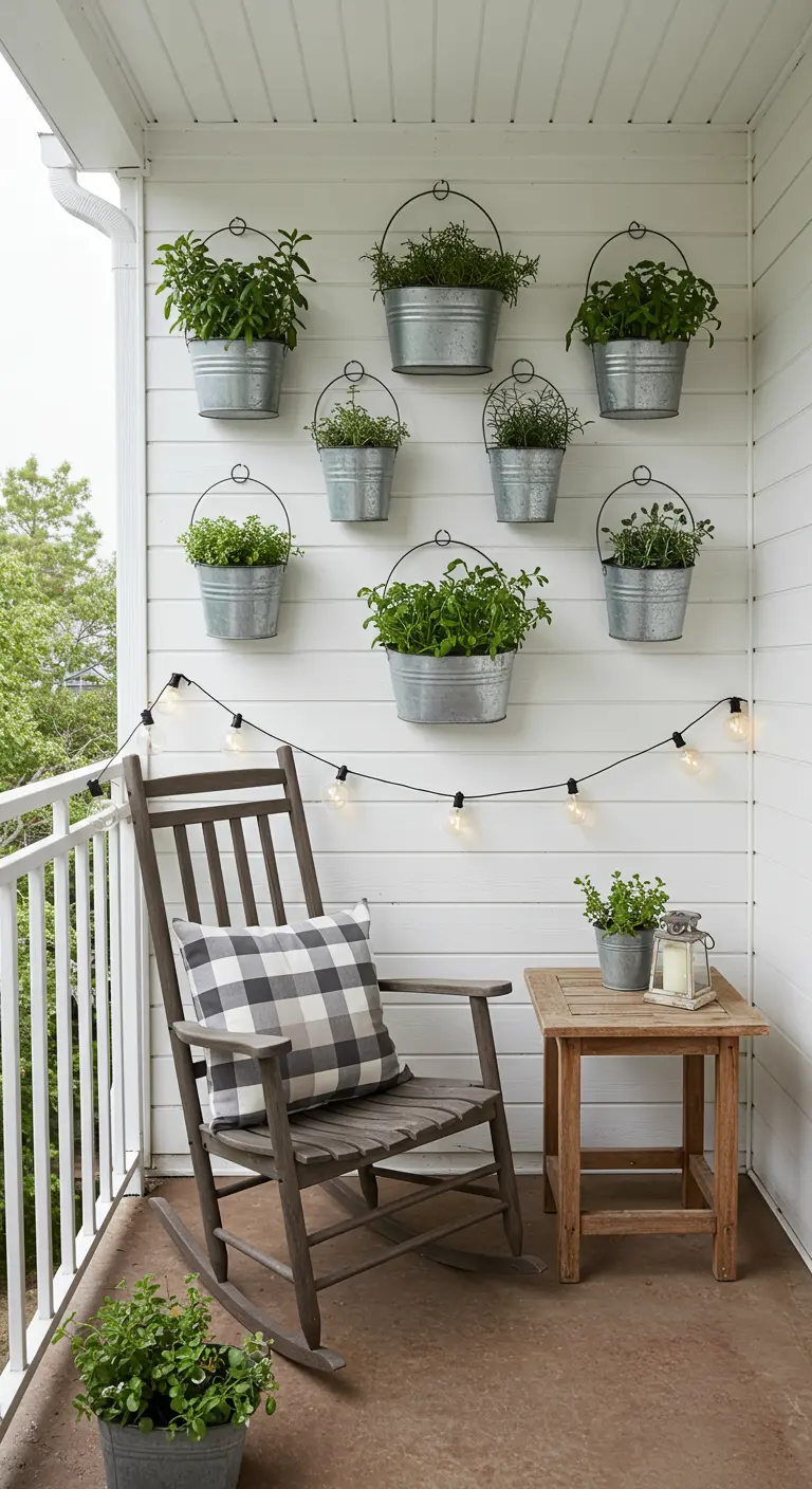 Landelijke balkonstijl met witte houten wand en zinken emmers als verticale kruidentuin.