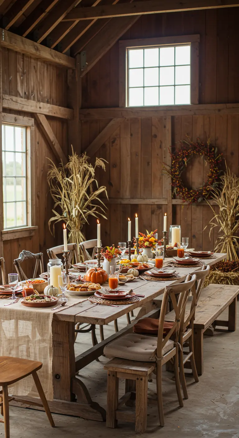 Rustieke herfstbrunch in een houten schuur met lange tafel en maïsplanten.