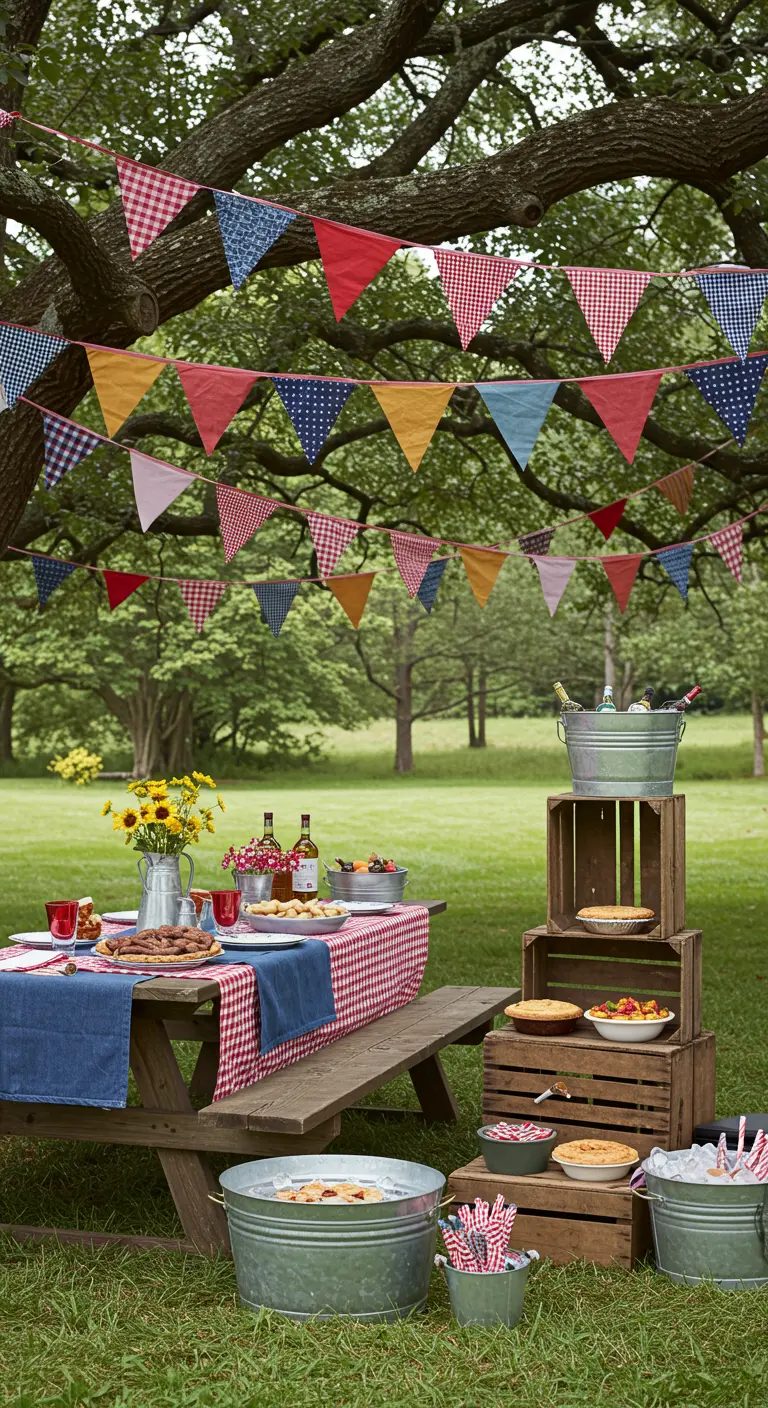 Picknick in het park met vlaggenlijnen, geruite kleedjes en gestapelde kratten.