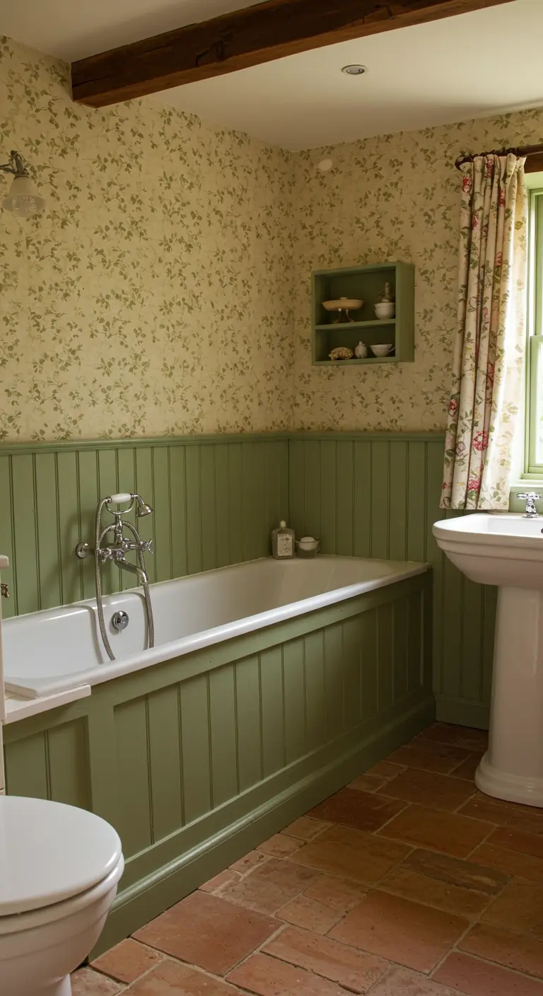 Landelijke badkamer met saliegroene lambrisering rond bad en een bloemengordijn.
