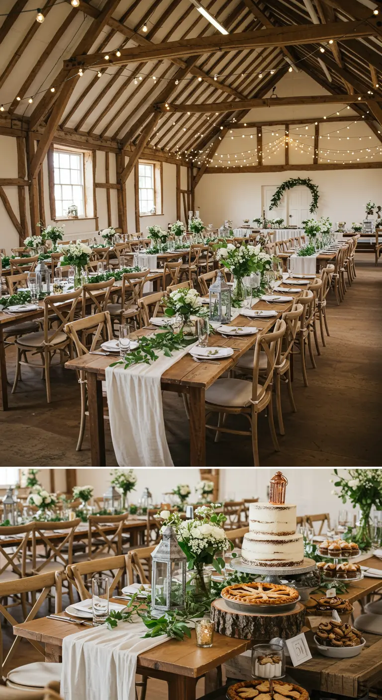 Rustieke schuur met lange houten tafels, groene decoraties, witte bloemen en lichtslingers.