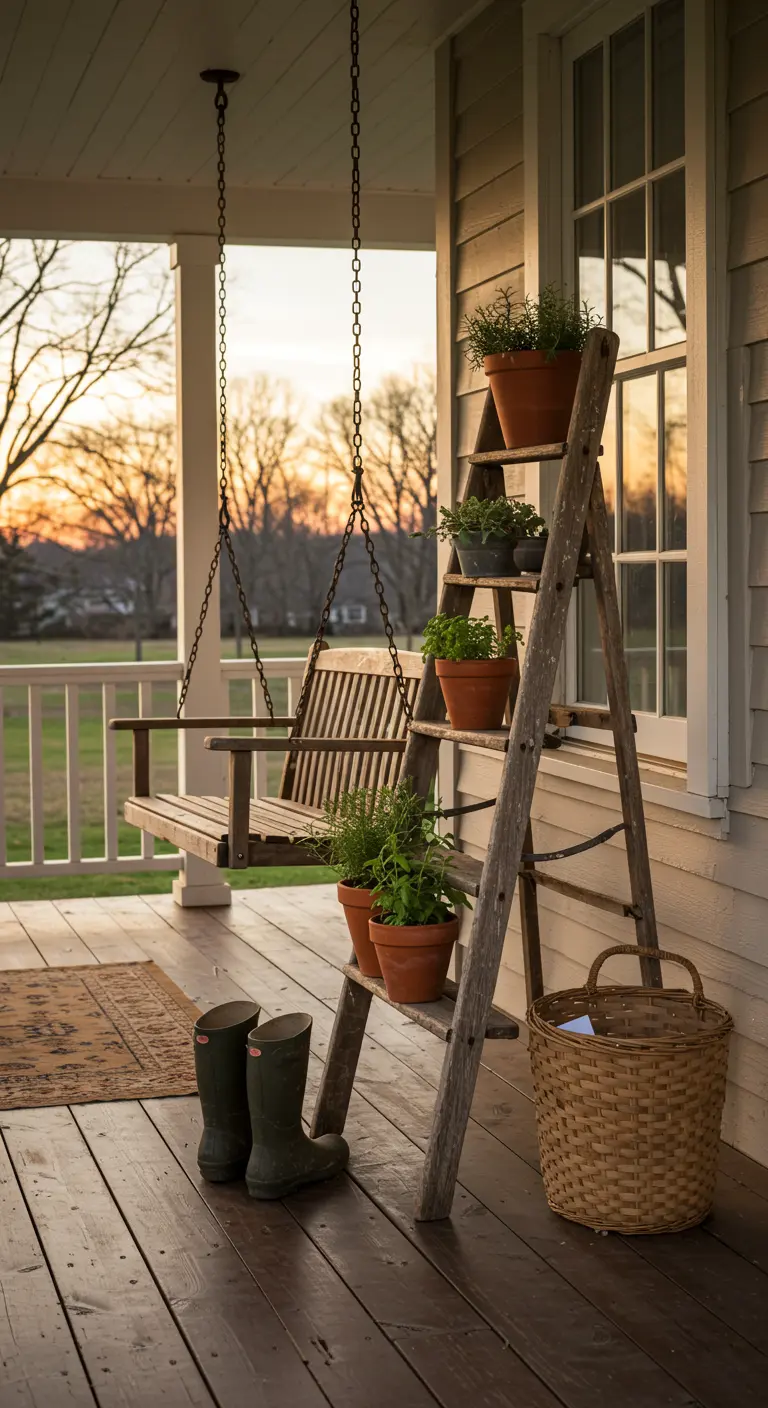 Verweerde houten ladder met kruidenpotten naast een schommelbank op een veranda bij zonsondergang.
