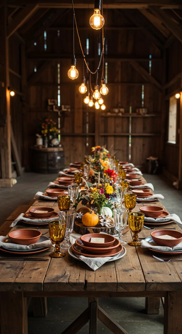 Lange houten tafel in een schuur met aardewerk, amberkleurige glazen en Edison-lampen.
