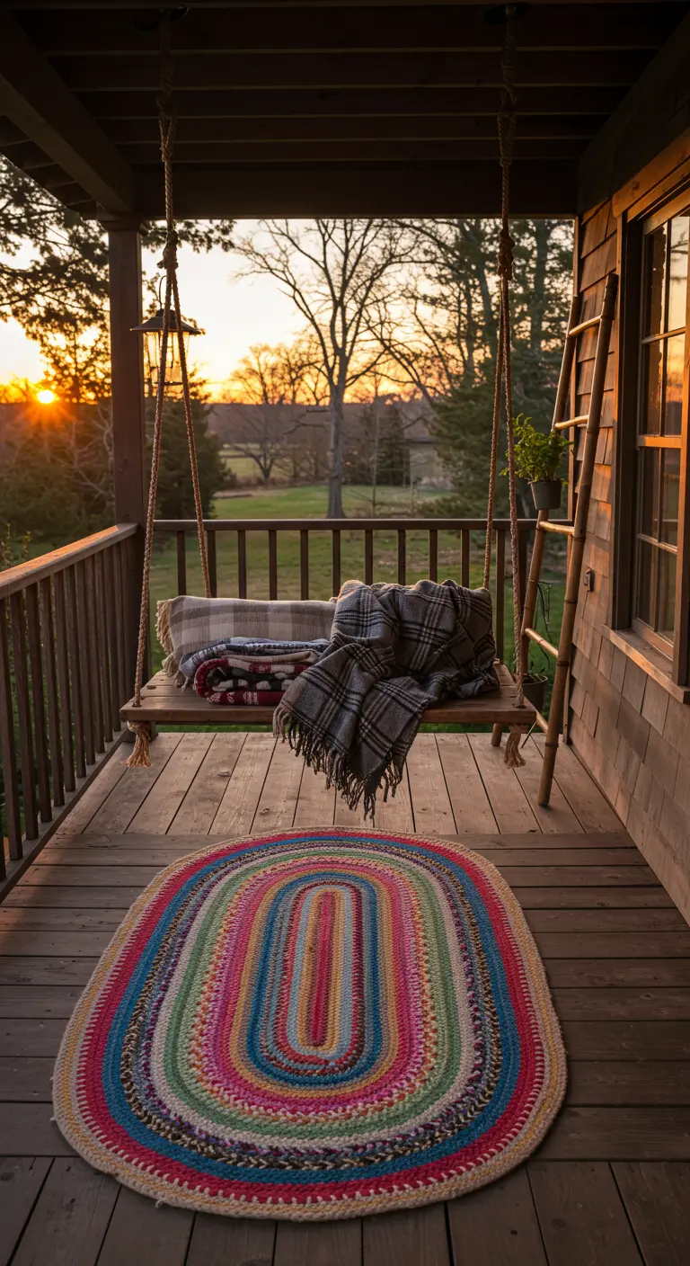 Houten veranda met een schommelbank, plaids en een kleurrijk ovaal vloerkleed.