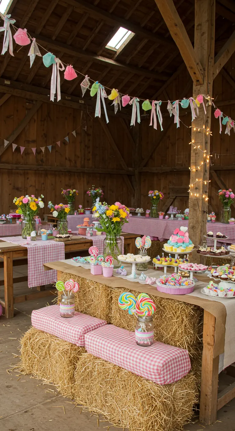 Feest in een schuur met hooibalen, geblokte tafelkleden en snoepdecoraties.