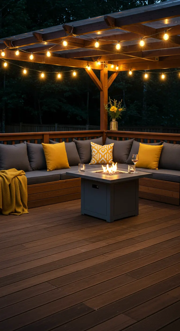 Houten U-vormige loungebank met donkere kussens en een vuurtafel op een terras.
