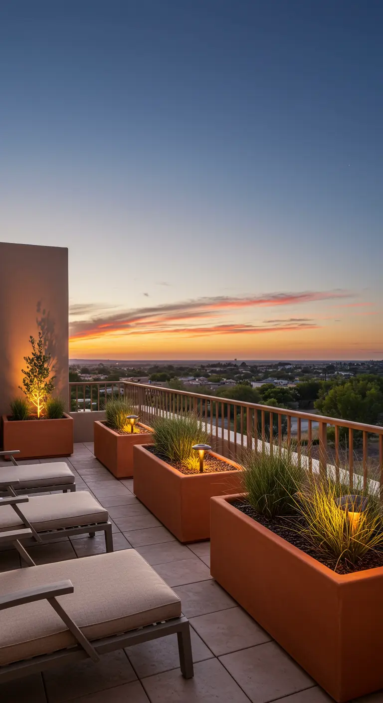 Modern dakterras met lange, oranje terracotta plantenbakken en lounge ligbedden bij zonsondergang.