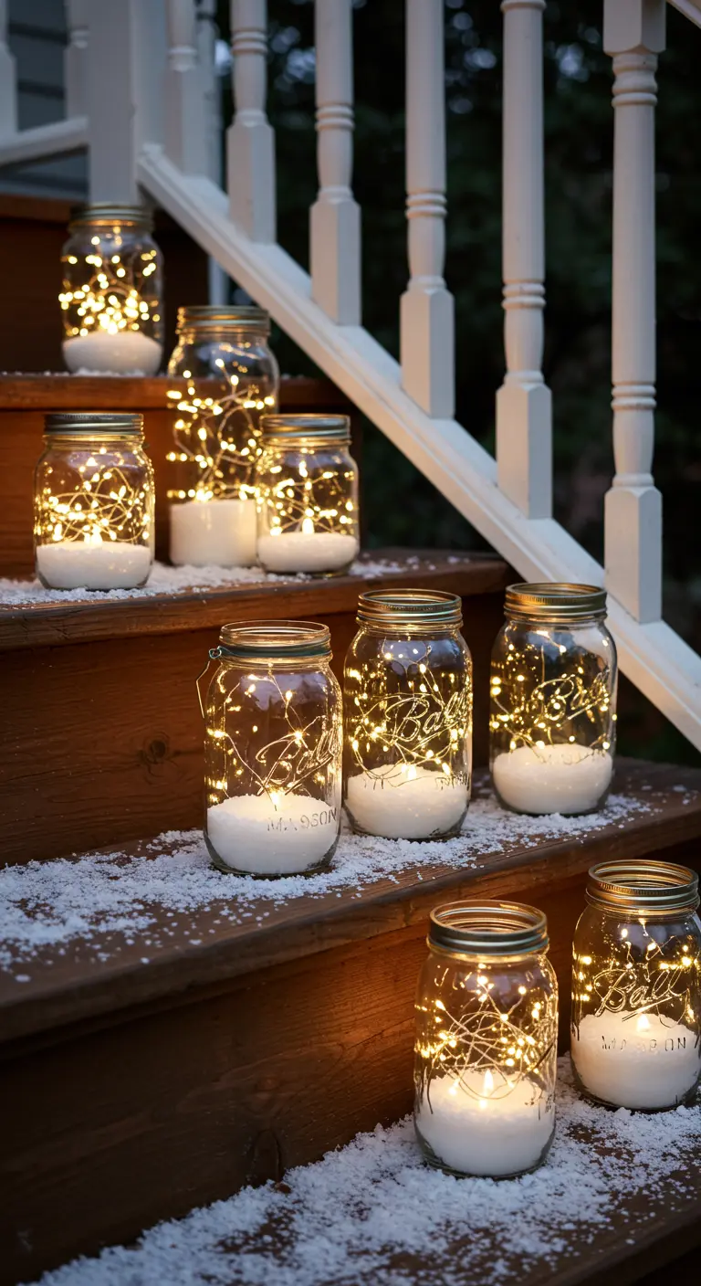 Glazen potten op een houten trap, gevuld met kunstsneeuw en warme sprookjeslichtjes.