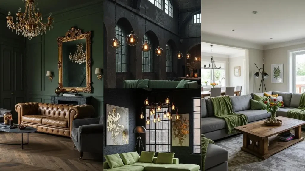 Drie sfeervolle woonkamers met saliegroene meubels en details, aangevuld met amberkleurige verlichting en lavasteen-achtige tinten.