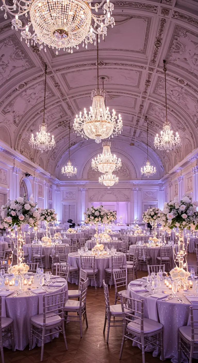 Balzaal met witte en lavendelkleurige tafels, hoge kandelaren en witte bloemen.