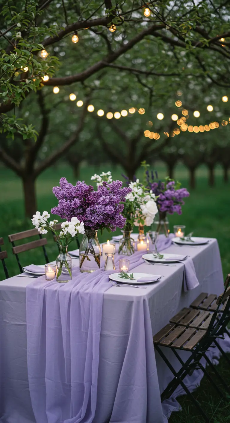 Houten tafels met lavendelkleurige lopers, seringbloemen en kaarsen in een boomgaard.