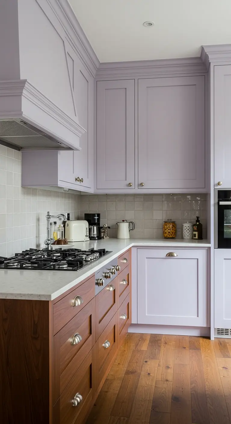Keuken met lila bovenkasten en houten onderkasten, afgewerkt met een marmeren blad.