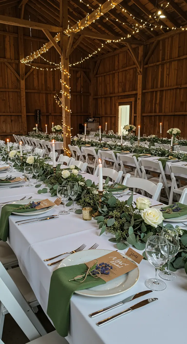 Barn wedding table with white linens, green napkins, lavender menus, eucalyptus, and string lights.