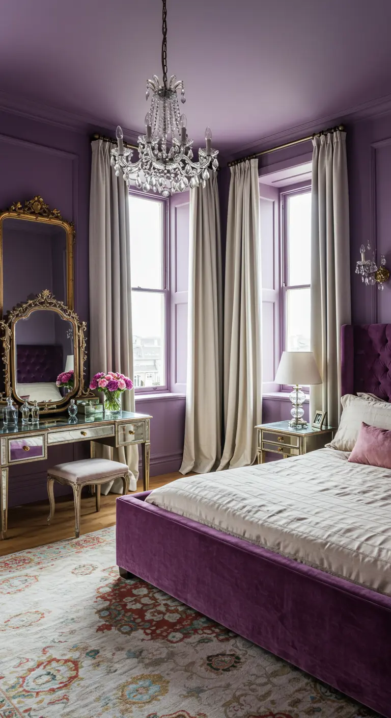 Slaapkamer met lavendelkleurige muren, paars fluwelen bed, gouden spiegel en kroonluchter.