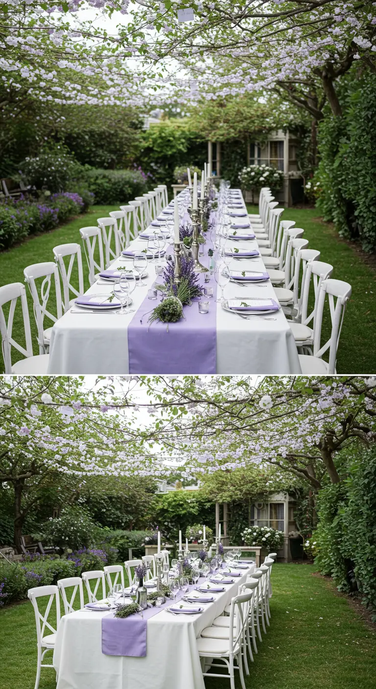 Lange, witgedekte tafel in een tuin, met een lavendelkleurige loper en lavendeldecoratie.