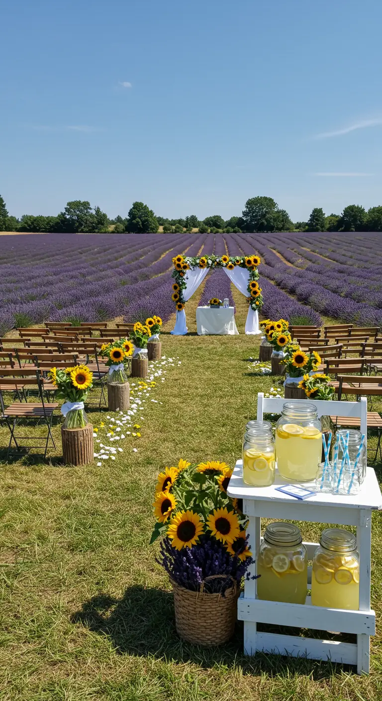 Ceremonie in een lavendelveld met een zonnebloemboog, houten bankjes en een limonadestand.