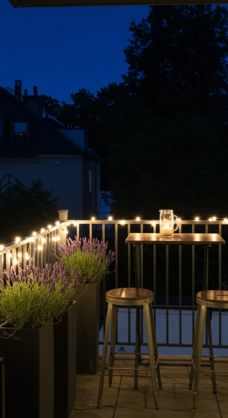 Balkon 's nachts met lavendel in potten en sfeervolle lichtslingers.