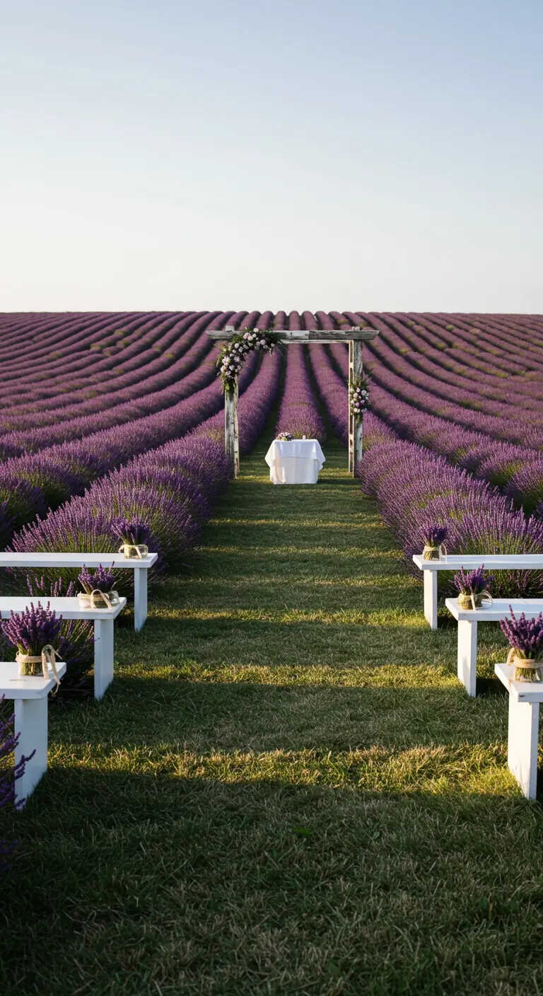 Ceremonie-opstelling in een uitgestrekt lavendelveld met witte bankjes en een simpel houten altaar.