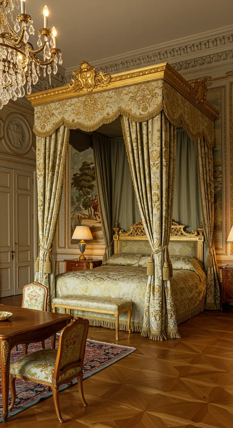 Extravagant goudkleurig hemelbed in een paleisachtige slaapkamer met rijke stoffen.