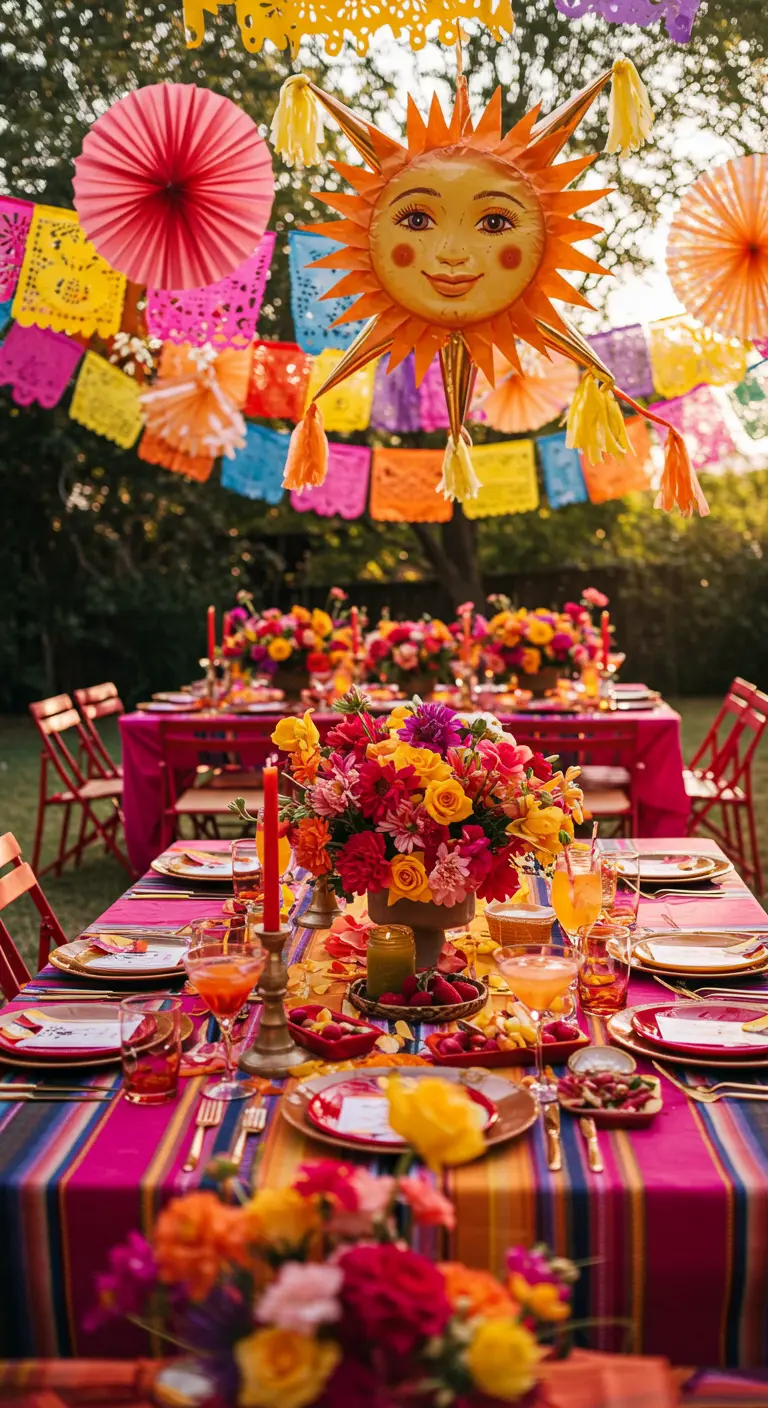 Rijk gedekte tafel met felgekleurd tafelkleed, bloemen en een zonne-piñata.