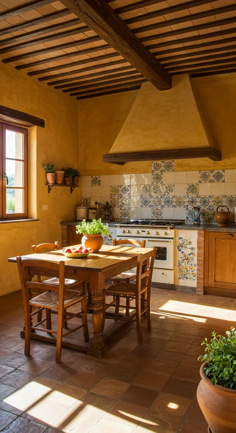 Rustieke mediterrane keuken met okergele muren, houten balken en een eettafel.