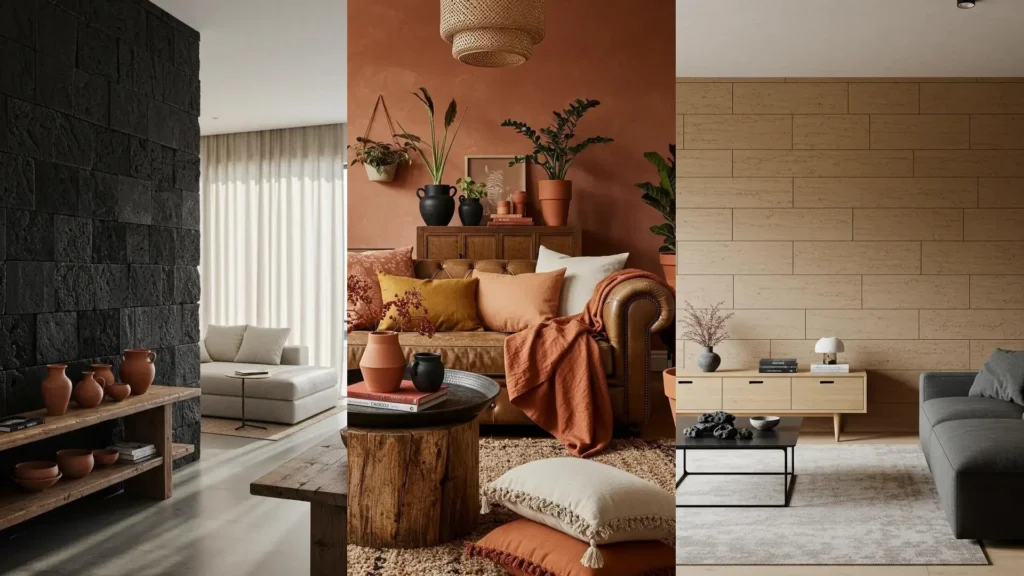 Sfeervolle woonkamers met aardse materialen: een leemkleurige muur, linnen details en een zwarte lavasteenwand.