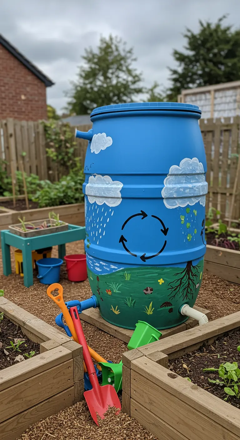 Blauwe regenton beschilderd met een watercyclus en onderwaterleven, staand in een moestuin voor kinderen.
